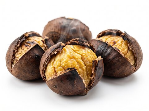 Freshly Roasted Chestnuts Isolated on White Background with Subtle Steam