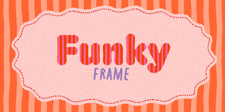 Funky scallop frame with whimsical groovy border and textured shape on seamless background in orange, pink and purple y2k colors. Abstract frame template for posters, cards and scrapbook designs