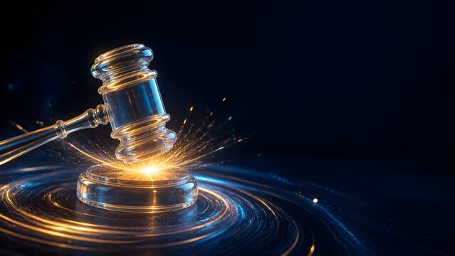 Glowing gavel hammer with golden spark floating above swirling particle wave on dark background design
