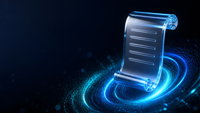 Glowing transparent scroll document floating above swirling blue particle wave on dark background technology design