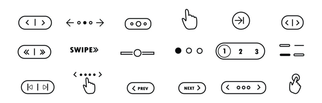 Website slider control icons set with arrow buttons pagination dots swipe gesture hand pointer previous and next navigation elements