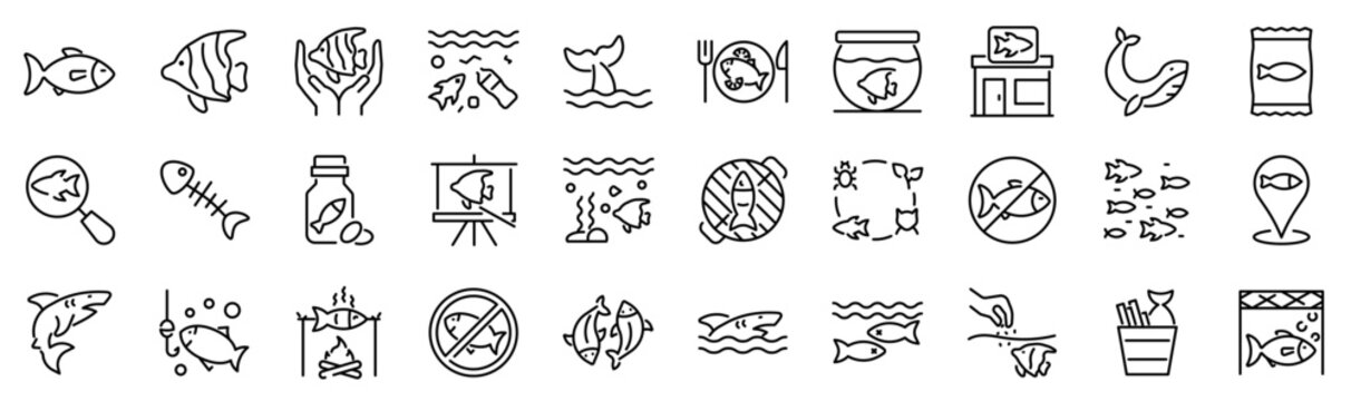 Set of 30 outline icons related to fish. Linear icon collection. Editable stroke. Vector illustration