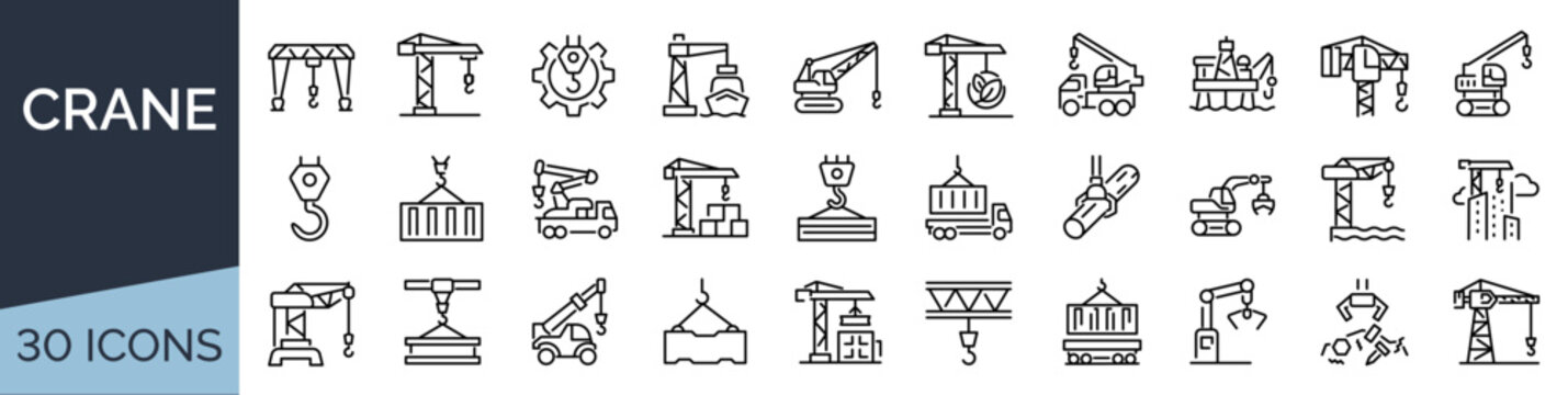 Set of 30 outline icons related to crane. Linear icon collection. Editable stroke. Vector illustration