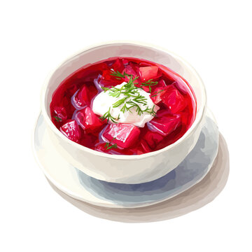 Detailed watercolor painting of Borscht, isolated on white background