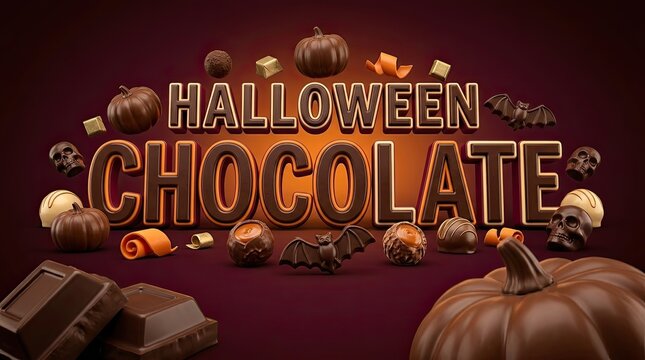 Festive halloween chocolate text design surrounded by decorative pumpkins and autumn leaves on a dark background
