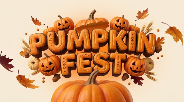 Festive pumpkin fest 3d typography design with autumn leaves and carved jack o lanterns for fall events