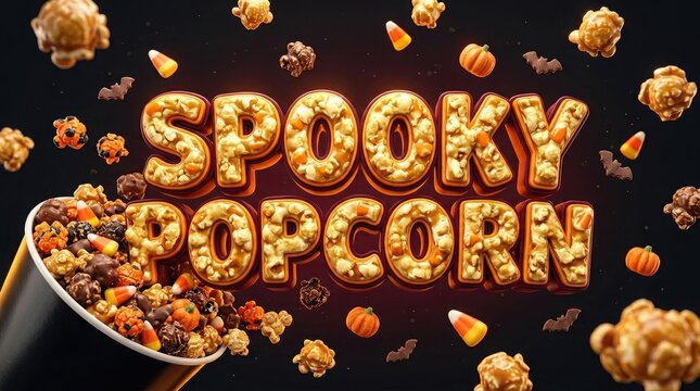 Spooky popcorn text made of delicious snack kernels with floating pieces on a dark background for halloween