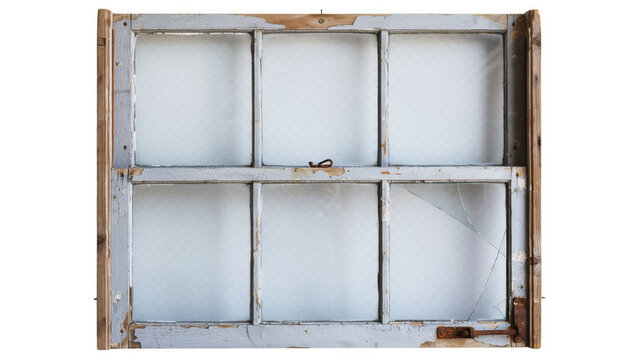 Antique wooden sash window with distressed paint and cracked glass during daylight isolated on transparent background
