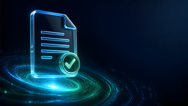 glowing document with checkmark icon representing approval verification task completion and quality assurance technology background design