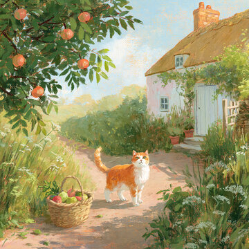 Ginger cat standing on a sunny garden path in front of a rustic cottage, with an apple tree and basket of apples