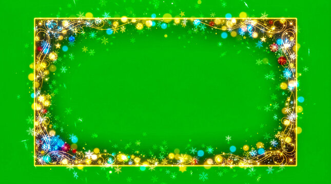 Marco rectangular festivo sobre fondo verde croma, compuesto por brillantes copos de nieve, destellos luminosos y part&iacute;culas con suave efecto bokeh.