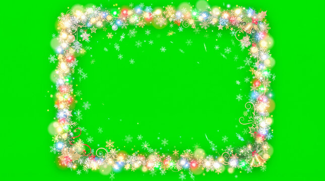 Marco rectangular festivo sobre fondo verde croma, compuesto por brillantes copos de nieve, destellos luminosos y part&iacute;culas con suave efecto bokeh.