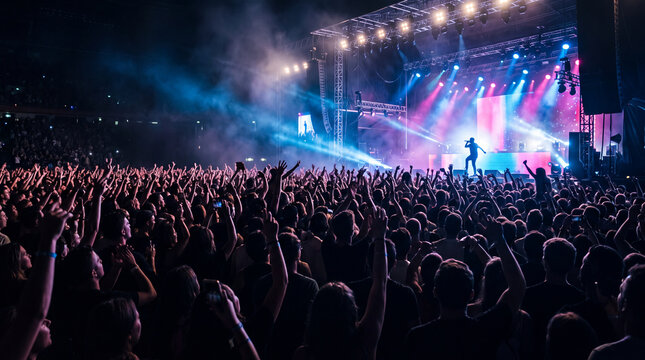 Energetic Musician Performing Live on Stage for a Cheering Crowd at a Large Music Festival Concert