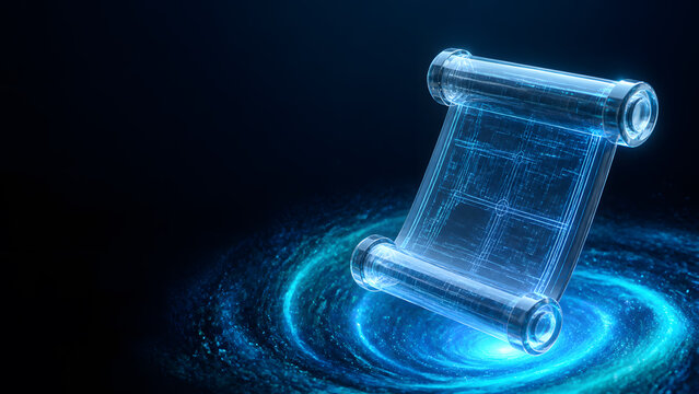 glass scroll icon glowing blue light spiral swirl dark blueprint document background design template banner