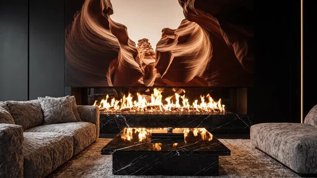 Luxury living room with canyon mural and modern fireplace.