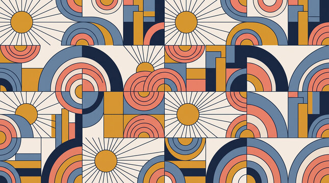Retro Geometric Sun and Rainbow Seamless Pattern with Bold Abstract Shapes