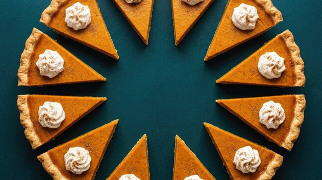 Top view of delicious pumpkin pie slices arranged in a circular pattern for a festive thanksgiving holiday dinner celebration