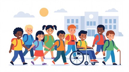 Fototapeta premium Diverse Group of School Children Flat Vector Illustration