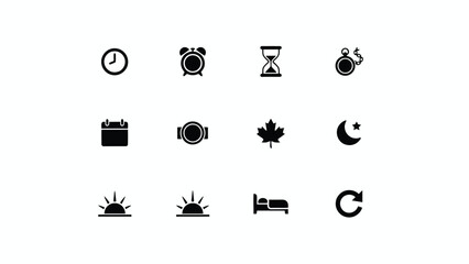 Naklejka premium Collection of twelve minimalist icons representing daily time management with Twelve simple black white icons illustrate common time related symbols