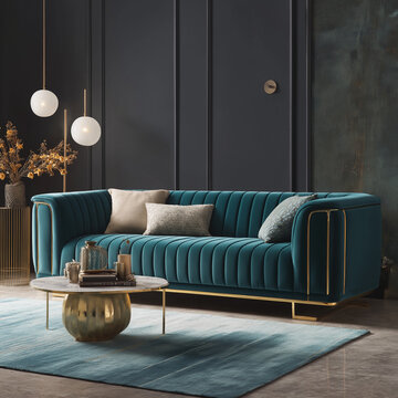 Teal velvet sofa with gold accents elegant and modern living room furniture