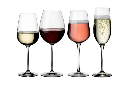 Four different wine glasses filled with white, red, rose wine and champagne