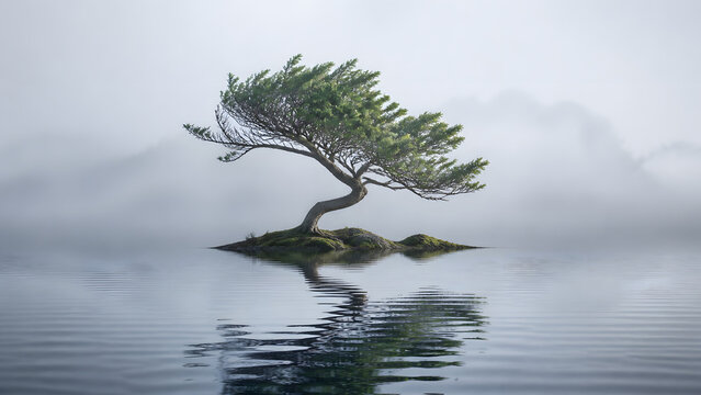 windswept pine tree growing on small rock island floating in calm foggy misty lake water