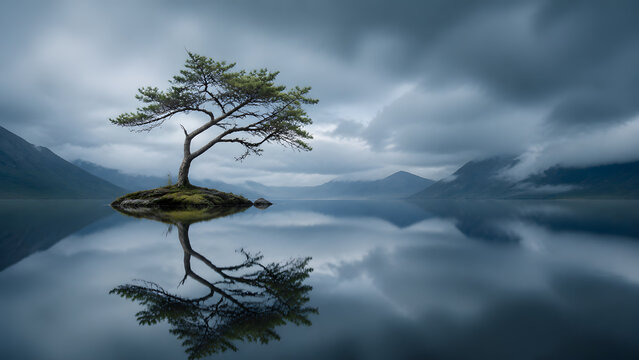 lone pine tree on small island floating in calm lake with distant mountain and cloudy sky