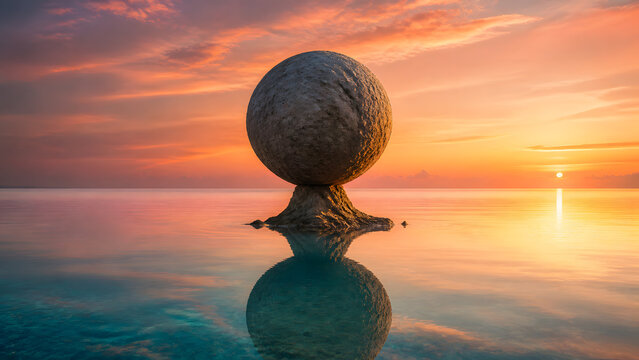 round boulder balanced on rock stack floating in calm water under warm glowing sunset sky
