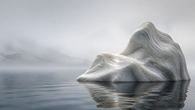 white iceberg standing in calm misty water under soft foggy sky with distant mountain outline shape