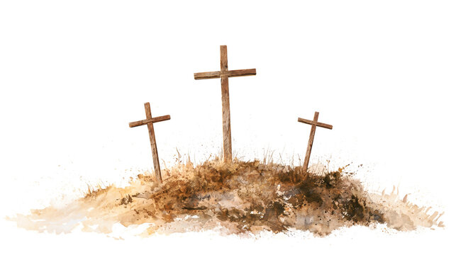 Three wooden crosses stand on a small hill with dry grass and dirt around them. The setting shows a simple landscape with no people present