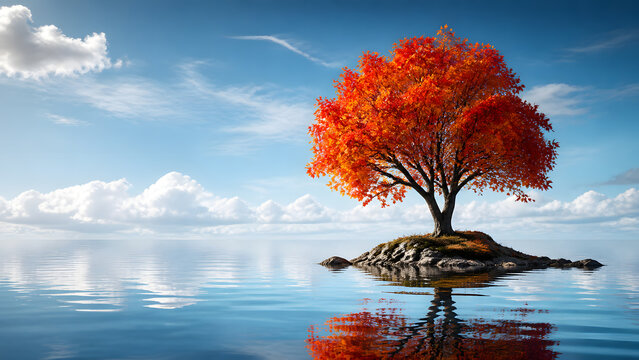 vivid red autumn tree standing on tiny island floating in calm water under bright blue sky