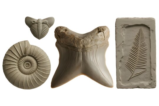 Collection of ancient fossils including ammonite trilobite shark tooth