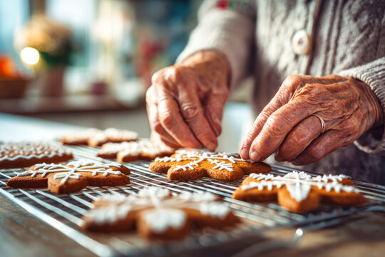 Hands of a person arrange gingerbread cookies on a cooling rack in a kitchen. White icing decorates the cookies, showing snowflake designs for the holidays