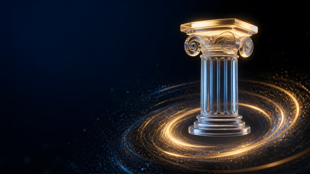 Golden pillar column glowing light spiral background classic architecture history finance digital abstract illustration design template