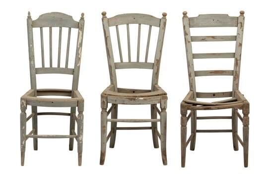 Three rustic wooden vintage chairs with weathered paint and distressed seats
