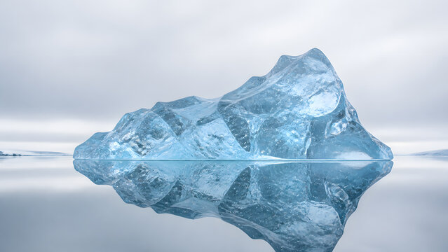 crystal clear blue iceberg floating in calm still water under soft cloudy overcast sky above