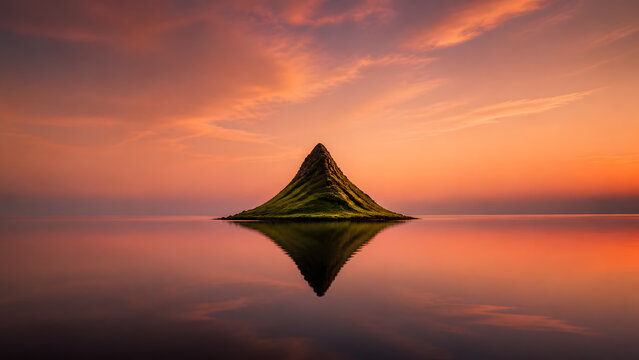 mossy mountain peak island floating in calm water under warm pink and orange sunset sky