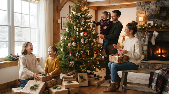 Couple and three children smiling while arranging gifts and ornaments in living room
