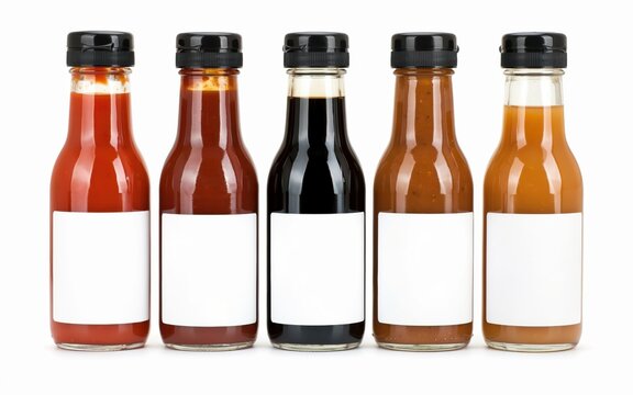 Five glass bottles with various sauces and blank labels isolated on white background