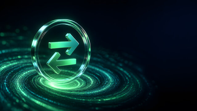 glowing glass circle with exchange arrows representing transfer currency swap and digital transaction design background
