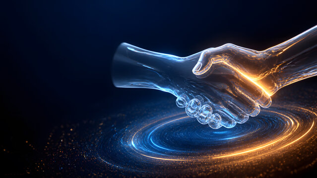 glowing transparent handshake between two hands representing business partnership trust and collaboration agreement design background