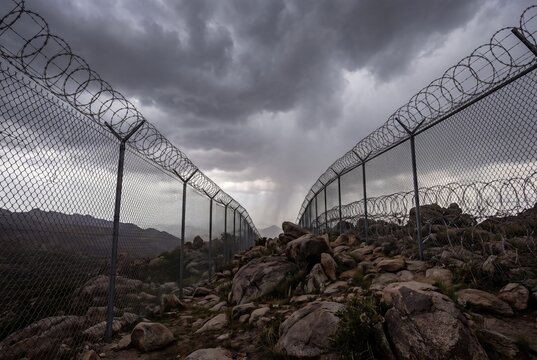 Barbed wire fence border wall security barrier gloomy stormy sky