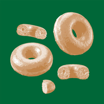 Glazed donut vector set, halftone illustration style. on green background.
