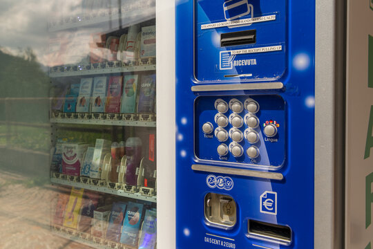 15 July 2026, Alleghe, Italy. Durex vending machine displaying sexual health products in an Italian Alpine village