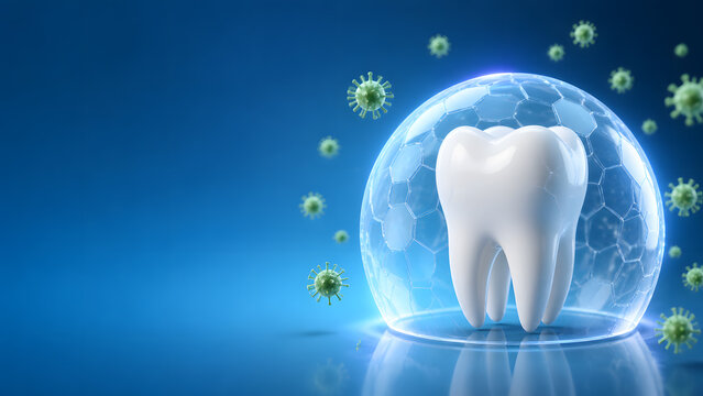 white tooth protected inside glowing shield bubble surrounded by floating germ particles on blue background