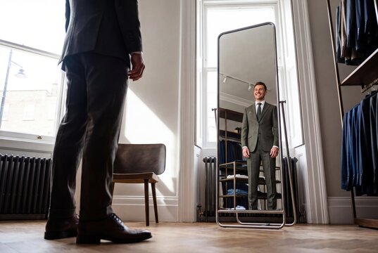 Man looking in mirror at suit in clothing store fitting room stylish