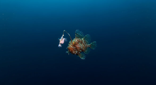 Rare frogfish with glowing lure swimming in deep blue sea