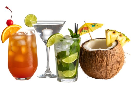 Assorted tropical cocktails with fruit garnishes and ice on white background