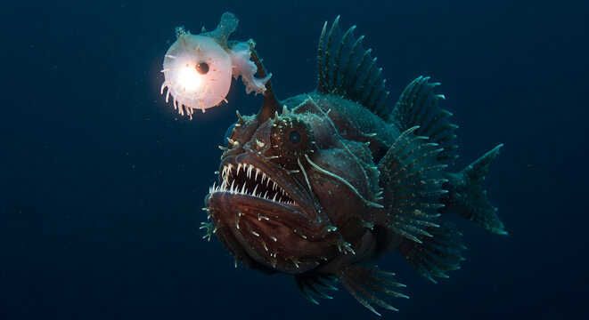 Deep sea angler fish swimming in the dark ocean