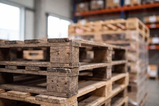 Wooden pallets stack in warehouse logistics industrial storage facility